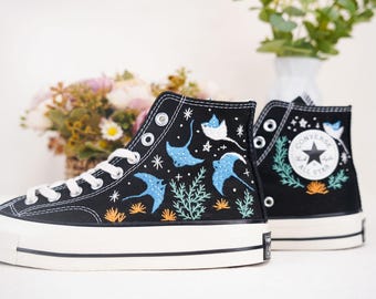 Custom Embroidered Converse High Tops/ Custom Converse Chuck Taylor 1970s Manta Ray Embroidered/Ocean Embroidered Shoes Custom/Ocean Gifts