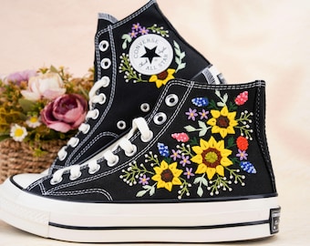 Wedding Converse Embroidered Floral, Custom Lavender Sunflower Embroidered Shoes for Bride, Bridal Flowers Embroidered Sneaker, Wedding Gift