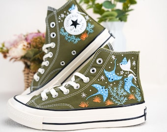 Custom Embroidered Converse High Tops, Custom Converse Chuck Taylor 1970s Manta Ray Embroidered, Ocean Embroidered Shoes Custom, Ocean Gifts