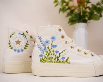 Embroidered Converse Platform Sneakers: Blue Floral Converse Shoes