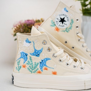 Custom Embroidered Converse High Tops, Custom Converse Chuck Taylor 1970s Manta Ray Embroidered, Ocean Embroidered Shoes Custom, Ocean Gifts