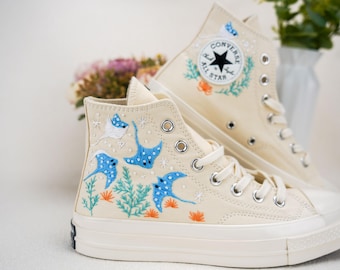Custom Embroidered Converse High Tops, Custom Converse Chuck Taylor 1970s Manta Ray Embroidered, Ocean Embroidered Shoes Custom, Ocean Gifts
