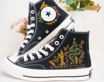 Custom Embroidered Converse High Tops Chuck Taylor 1970s/ Embroidered Snake Converse/ Custom Converse Chuck Taylor Embroidered Snake