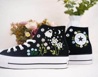 Custom Halloween Converse Embroidery Sneakers - Spooky Design Handmade Personalized Shoes,Embroidery Boo Shoes,Ghost Embroidered Converse