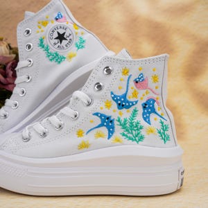Custom Embroidered Converse High Tops, Custom Converse Chuck Taylor 1970s Manta Ray Embroidered, Ocean Embroidered Shoes Custom, Ocean Gifts