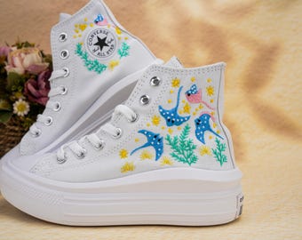 Custom Embroidered Converse High Tops, Custom Converse Chuck Taylor 1970s Manta Ray Embroidered, Ocean Embroidered Shoes Custom, Ocean Gifts