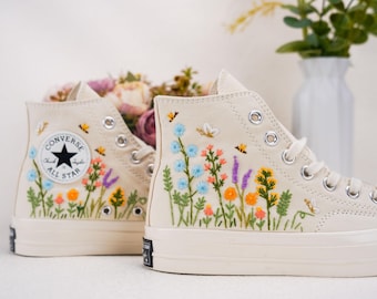 Custom Converse Chuck Taylor Embroidered,Custom Embroidered Wedding Sneakers,Bridal Flowers Embroidered Shoes,Personalized Bride Sneakers