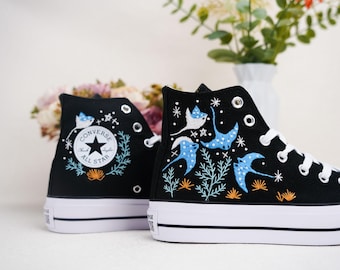 Custom Embroidered Converse High Tops, Custom Converse Chuck Taylor 1970s Manta Ray Embroidered, Ocean Embroidered Shoes Custom, Ocean Gifts