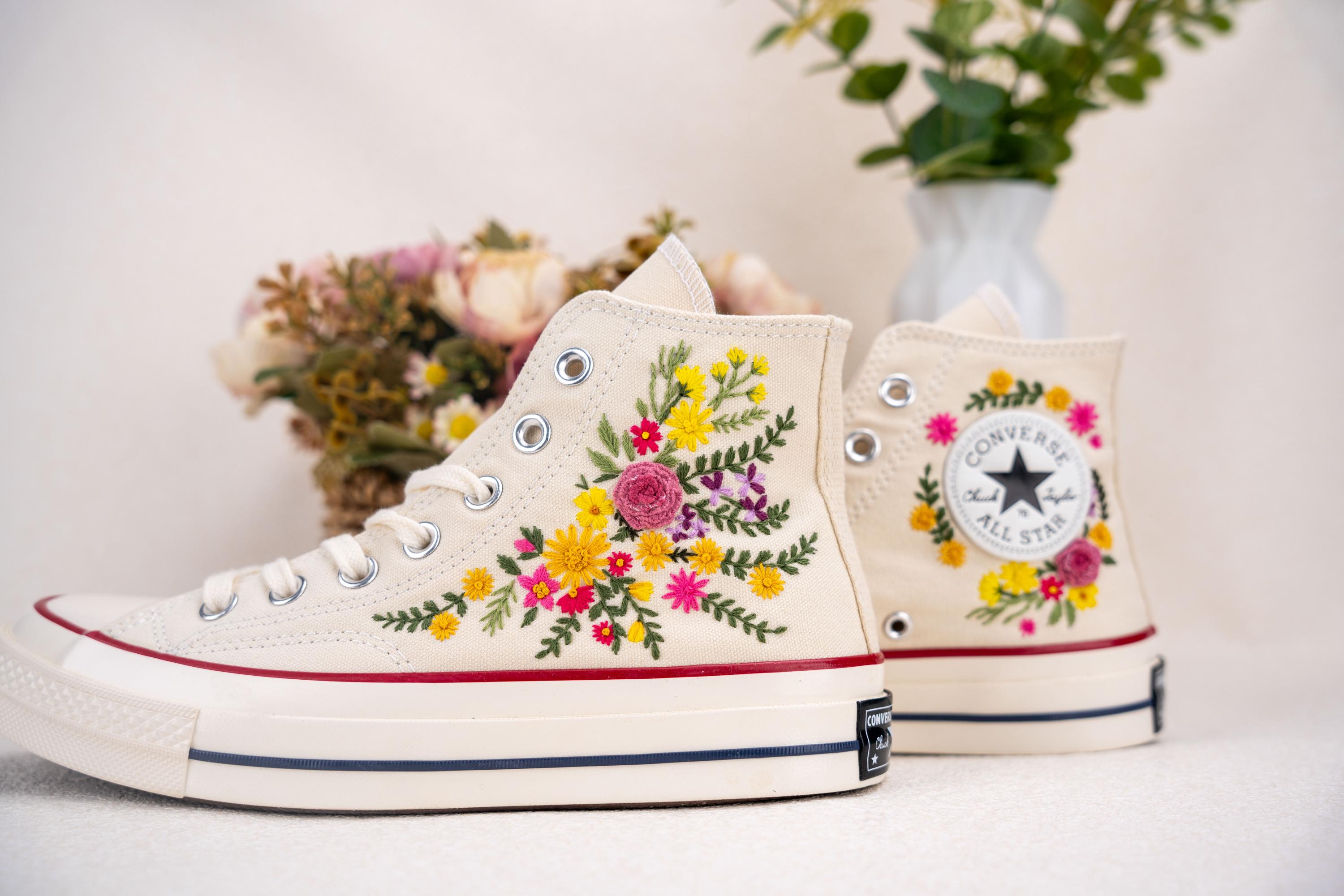 Custom Converse Chuck Taylor Embroidered,Custom Embroidered Wedding Sneakers,Bridal Flowers Embroidered Shoes,Personalized Bride Sneakers