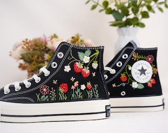 Custom Converse Chuck Taylor Embroidered,Custom Embroidered Wedding Sneakers,Bridal Flowers Embroidered Shoes,Strawberry Embroidery