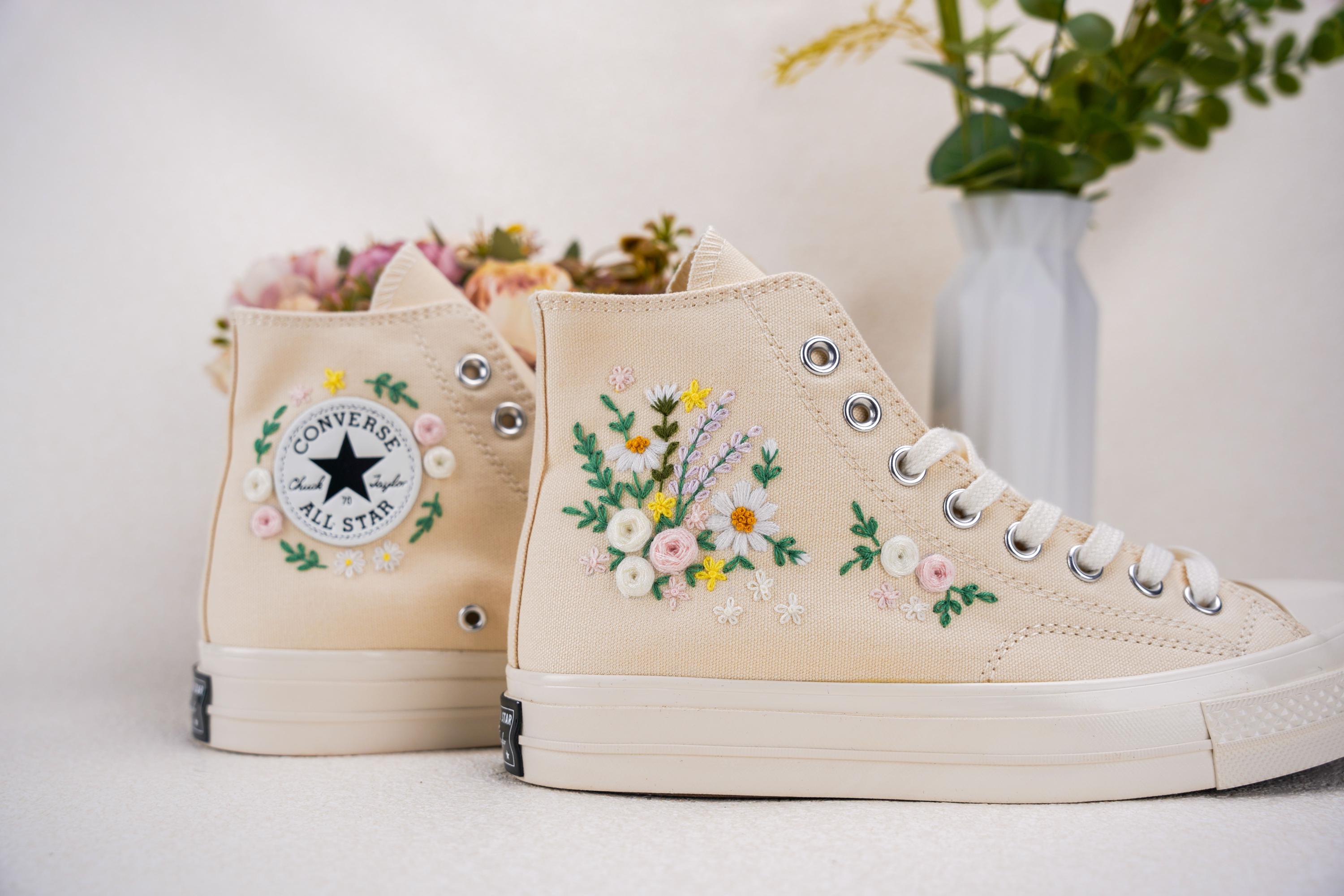 Custom Converse Chuck Taylor Embroidered,Custom Embroidered Wedding Sneakers,Bridal Flowers Embroidered Shoes,Personalized Bride Sneakers