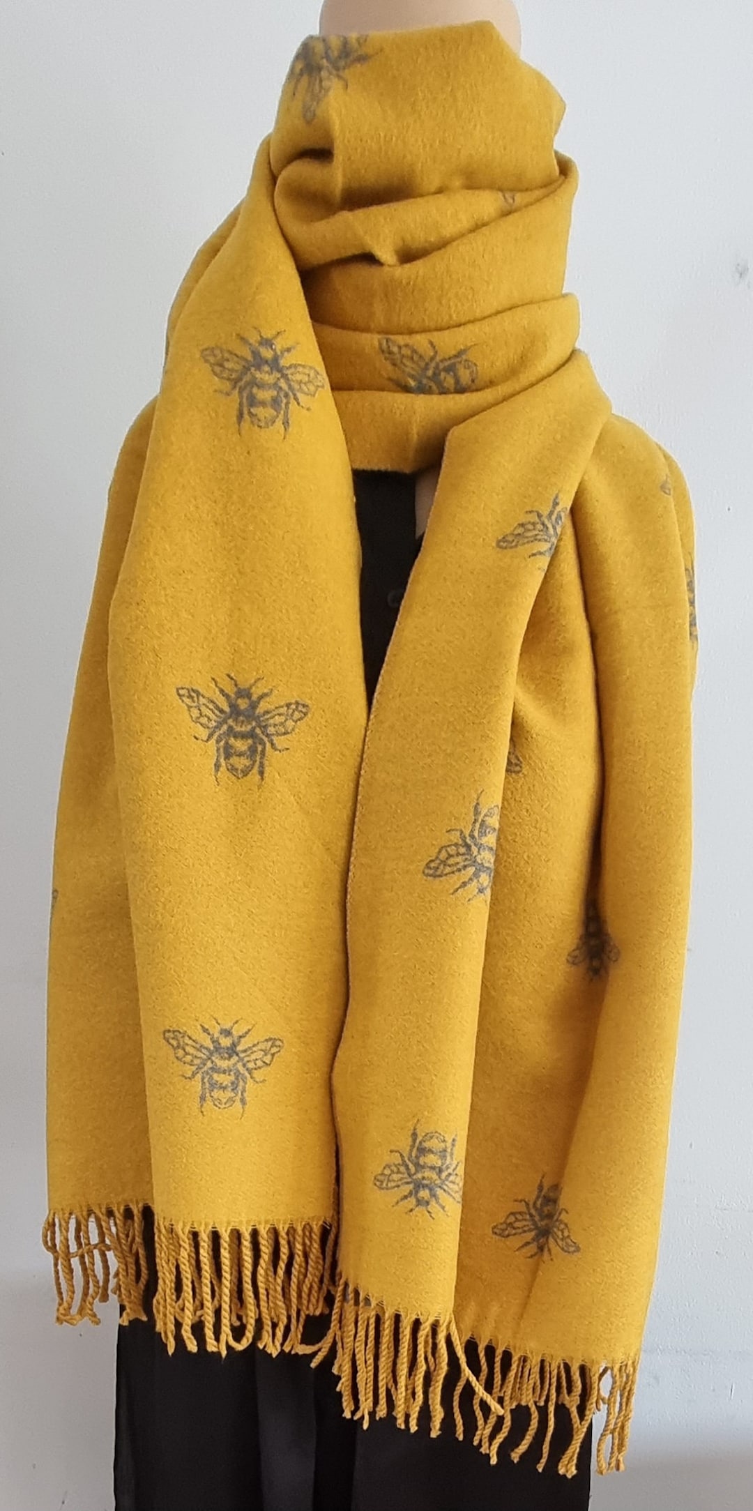 New Soft Mustard Yellow Scarf Bee Print Reversible Winter Shawl, Large