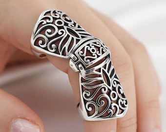 Floral 925 Sterling Silver Full Finger Armor Ring, Gothic Knuckle Cosplay Ring