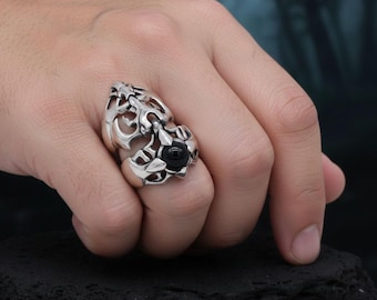 Sterling Silver Black Onyx Claw Ring: Gothic Punk Knuckle Armor