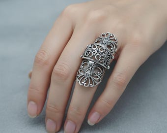 Sterling Silver Full Finger Ring, Gothic Armour, Adjustable Knuckle Joint