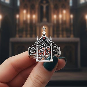 Gothic Cathedral Window Ring, Red Garnet CZ, 925 Sterling Silver