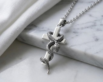 Sterling Silver Snake Cross Pendant, Oxidized Serpent, Gothic