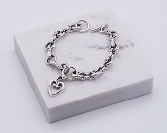 Heart Charm Dagle Pendant 925 Sterling Silver Bracelet,Chunky Chain Toggle Clasp,Romantic Jewelry Gift for Her,Anniversary, Everyday Wear