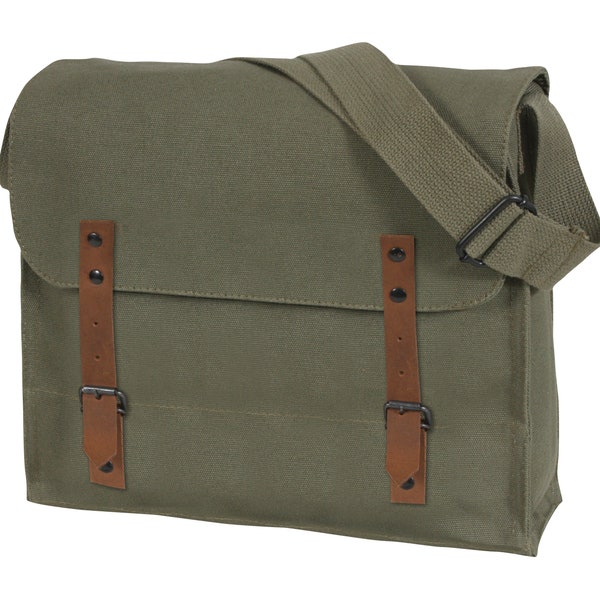 Shoulder Bag 100% Cotton Canvas Leather Closing 12"x11"x4" Olive Black Brown