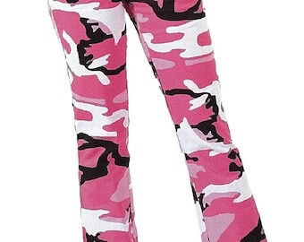 Ladies Pants Pink Camouflage 5 Pockets Jeans Style Wide Bottom Stretch Sizes 1/2 3/4 5/6 7/8