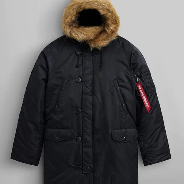 Parka Alpha noire à capuche imperméable pour temps froid extrême avec fourrure amovible Tailles S, M, L, XL, 2XL