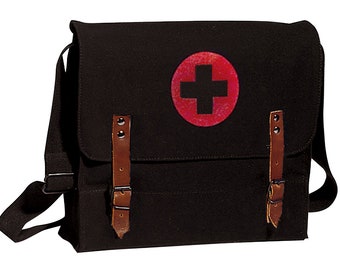Shoulder Bag Nato Style 100% Cotton Canvas Medic Bag 12 1/2" x 11" x 3 1/2"  Leather Closing Straps  Black Olive