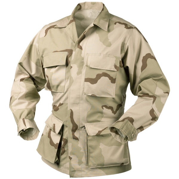 Shirt BDU Camouflage Desert 3 Colors 4 Pockets Desert Storm Coat Button front Size Large Reg