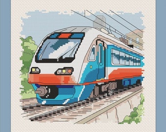 Modern Metro Subway Train Blue Red White Detailed, cross stitch pattern, Instant Download, PDF pattern