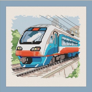 Modern Metro Subway Train Blue Red White Detailed, cross stitch pattern, Instant Download, PDF pattern