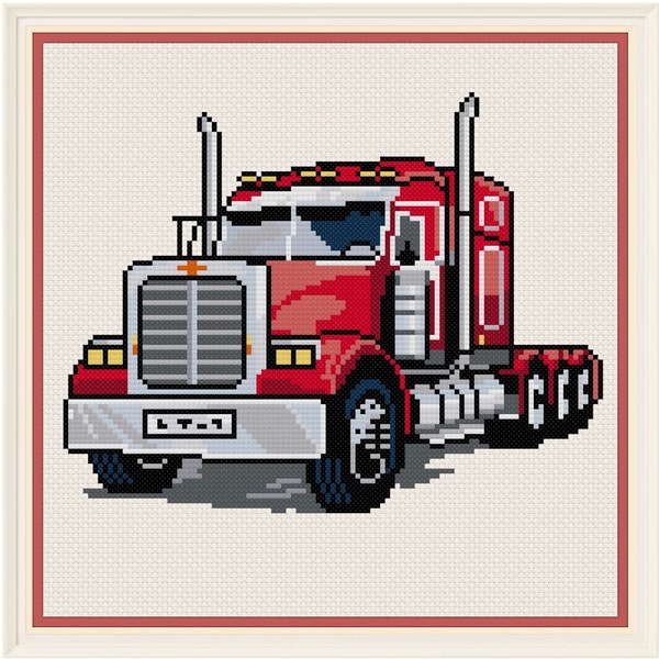 Red Truck American Lorry Trucker Vehicle, cross stitch pattern, Instant Download, PDF pattern