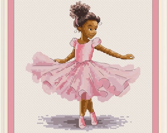 Pink Ballerina black child dancer, cross stitch pattern, instant download, PDF pattern