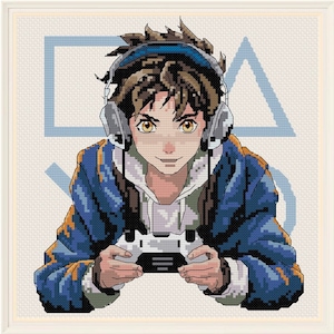 May include: A pixelated illustration of a young person wearing headphones and holding a video game controller. The background features a blue square and triangle.
