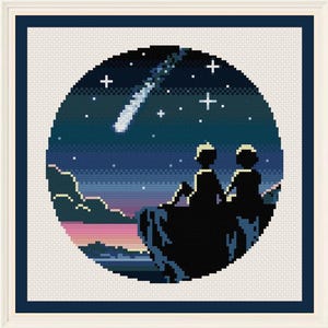 May include: Two silhouettes of people sitting on a cliff, looking up at a shooting star in a dark blue night sky with white stars. The sky is a gradient of blue, purple, and pink.
