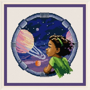 Space Explorer I Girl in Spaceship dark skin, cross stitch pattern, instant download, PDF pattern