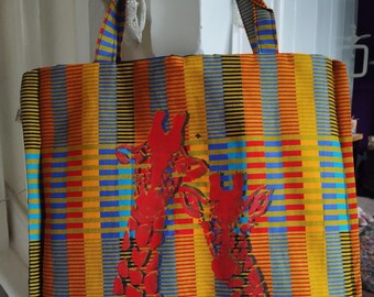 Large Padded Bag/Carrier. Laptop Bag (check measurements), Brightly coloured Giraffes on Bold Stripes, Handles, Lined