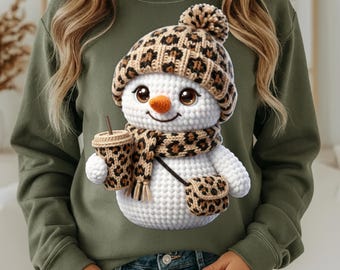Faux Yarn Snowman Christmas PNG: Leopard Crochet Winter Sublimation Design, Trending Digital Download