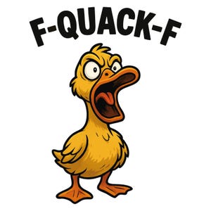 Puede incluir: Ilustración de dibujos animados de un pato amarillo enojado con el pico bien abierto, gritando. El pato tiene el ceño fruncido y los ojos muy abiertos. Encima del pato está el texto "F-QUACK-F" en letras negras en negrita.