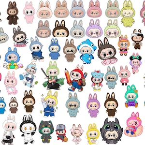 May include: A collection of cartoon bunny character stickers in various colors and outfits. The stickers feature different expressions and accessories, including hats, costumes, and props. Some stickers have text, such as "LABUBU".