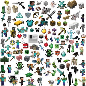 May include: A collection of pixelated Minecraft-themed graphics. The image features various characters, weapons, and objects from the popular video game, including Steve, zombies, swords, and TNT blocks. The graphics are in a variety of colours.