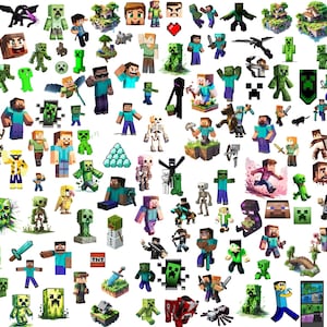 May include: A collection of Minecraft-themed illustrations and character designs. The image features various characters, creatures, and elements from the popular video game, including Steve, Creepers, and pixelated landscapes. The color palette includes greens, blues, and browns.