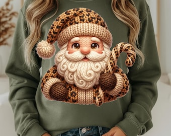 Faux Yarn Santa Png: Leopard Crochet Coquette Candy Cane Bow Sublimation Vintage Design