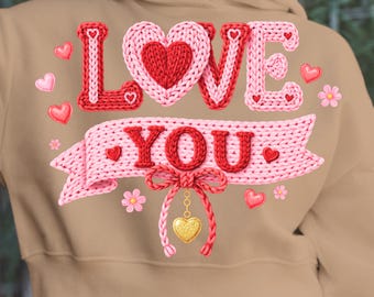 Faux Yarn Love You PNG: Valentine's Day Red Pink Heart Gift Shirt Design