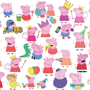 Può includere: Una collezione di illustrazioni di cartoni animati con vari personaggi della serie Peppa Pig. I personaggi sono raffigurati in vari abiti e pose, alcuni con oggetti di scena come corone, bacchette e palloncini. La tavolozza dei colori è brillante e allegra.