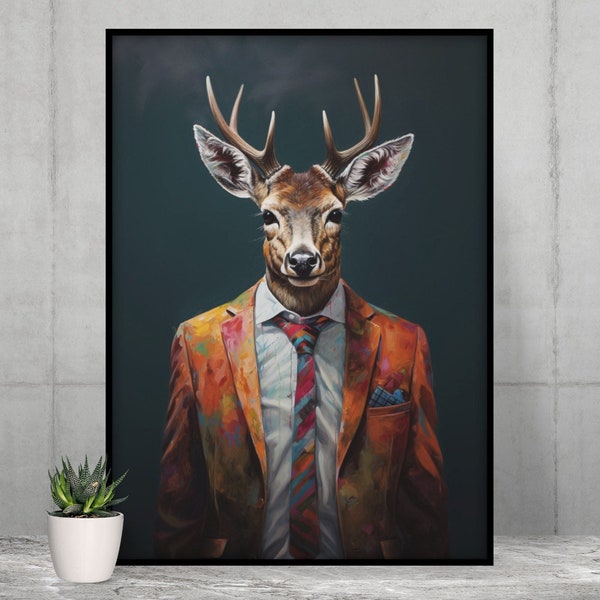 Anthropomorhpic Deer in a Suit Oil Painting | Animal Illustration | Designs for Home Decor | Pastel Digital Download Poster