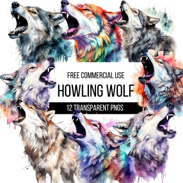 Watercolor Howling Wolf Clipart - 12 High Quality Transparent PNGs | Cute Illustration | Digital Download | Designs for T-shirts, Stickers