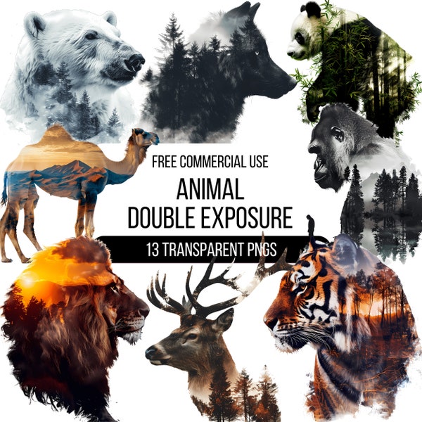 Animal Double Exposure Clipart - 13 High Quality Transparent PNGs | Silhouette Digital Download | Designs for T-shirts