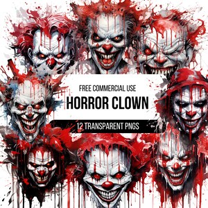 Scary Horror Clown Clipart - 12 High Quality Transparent PNGs | Illustration | Printable designs for T-shirts, Stickers and more