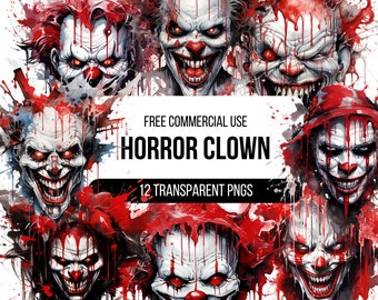 Scary Horror Clown Clipart - 12 High Quality Transparent PNGs | Illustration | Printable designs for T-shirts, Stickers and more