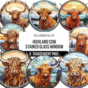 Highland Cow, Stained Glass Window Clipart - 8 High Quality Transparent PNGs | Illustration | Printable Designs for T-shirts, Stickers