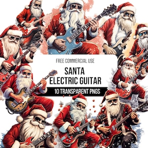Puede incluir: Una ilustración digital de Papá Noel tocando una guitarra eléctrica. Papá Noel lleva un traje rojo con ribetes blancos y una barba blanca. Lleva gafas de sol y tiene una expresión alegre en su rostro. La guitarra es azul y tiene una golpeador blanco. El fondo es una escena nevada con copos de nieve rojos y blancos.